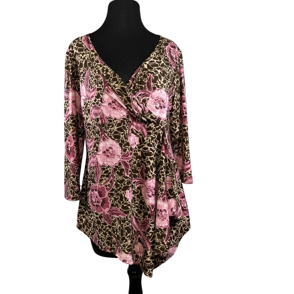 Baranda Womens Size Medium Pink Brown Floral Surplice Front Tunic